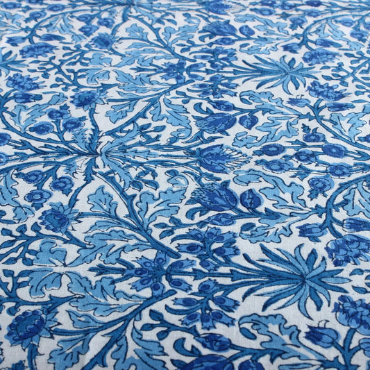 Close-up of blue floral pattern on white fabric