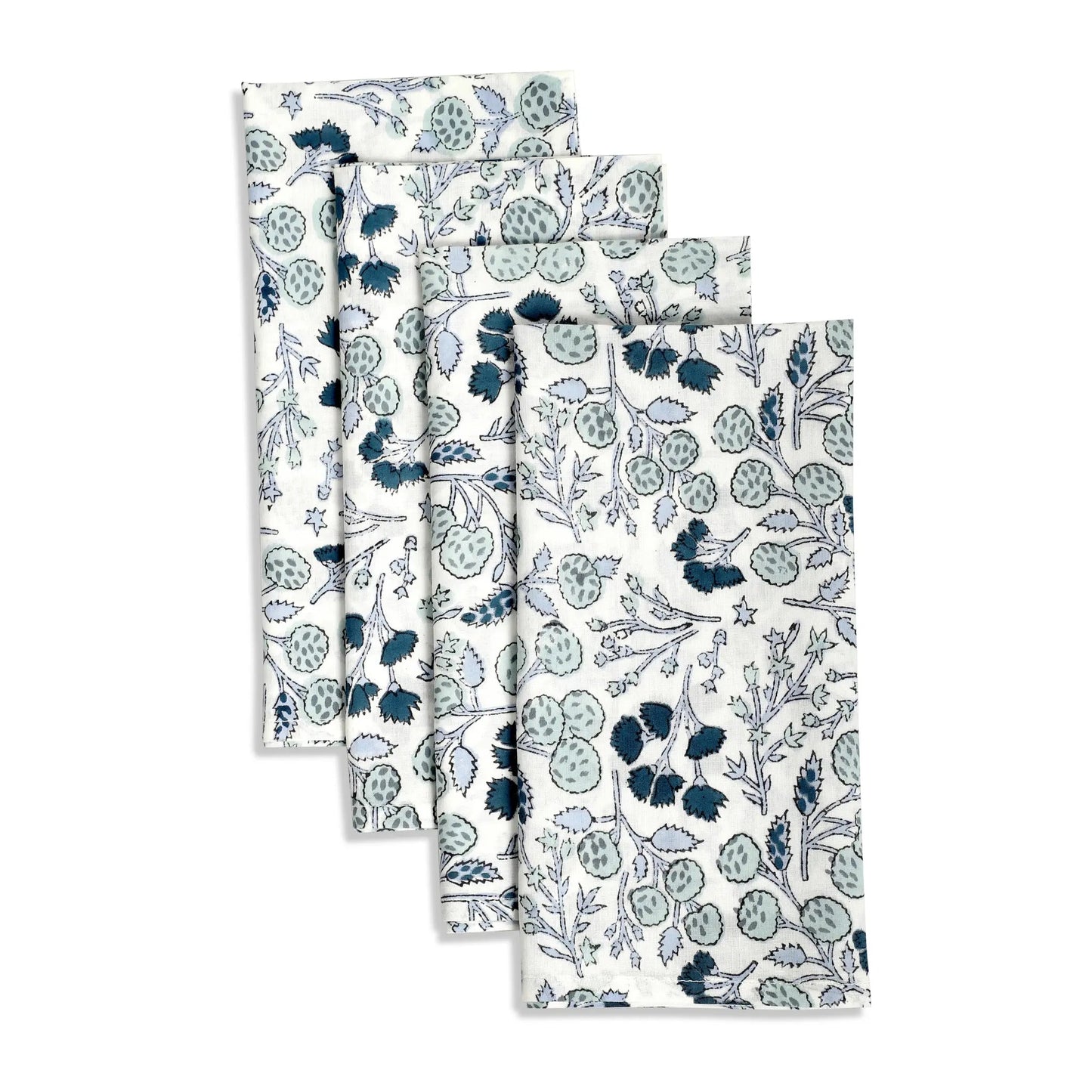 Set of four floral-patterned towels on a white background