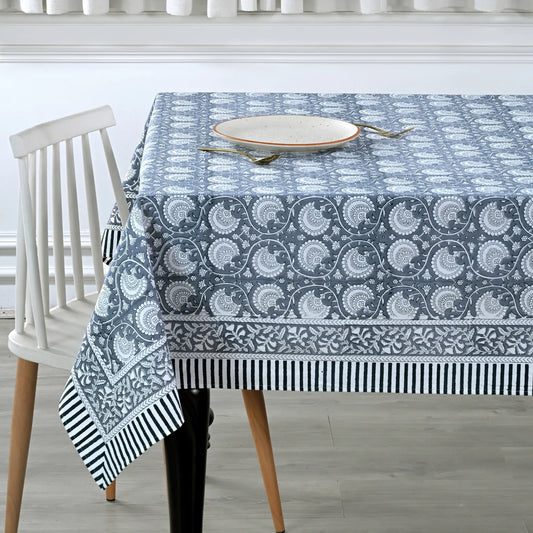 Tablecloth with blue and white pattern on a dining table