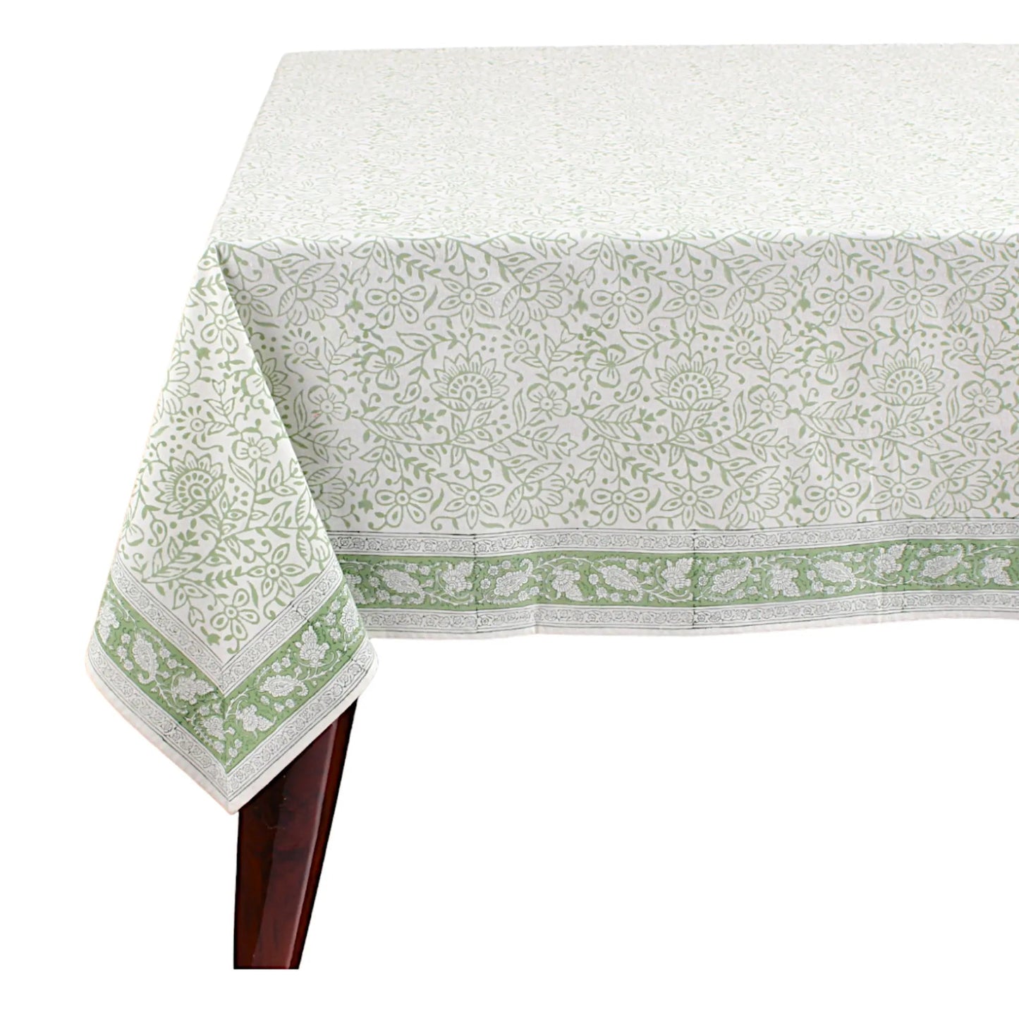 Tablecloth with green floral pattern on a white background