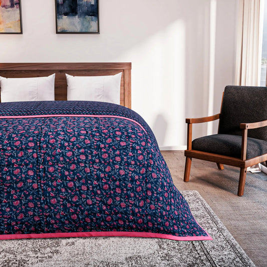 Bed with a floral quilt in a bedroom setting