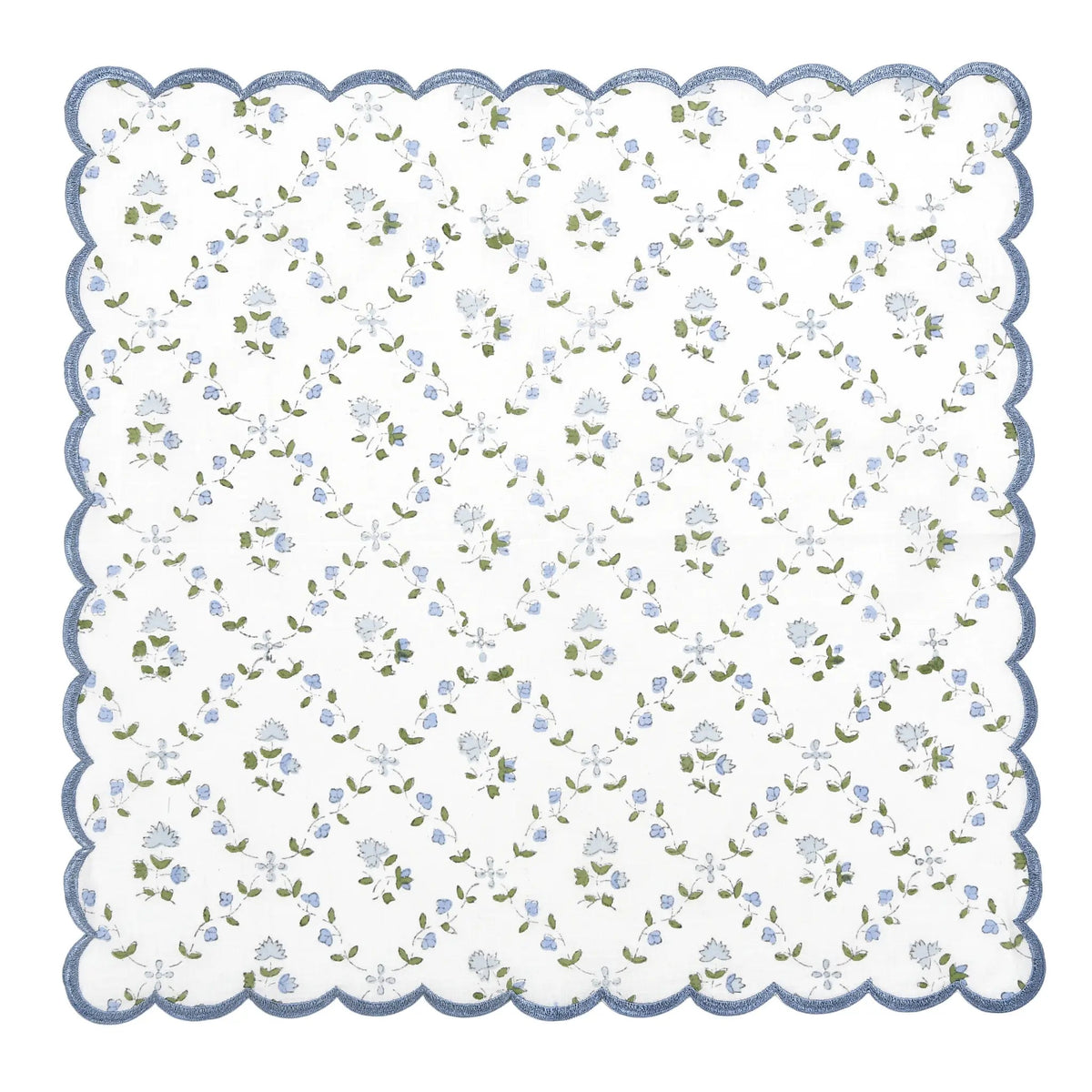 Floral patterned fabric swatch with scalloped edge on a white background
