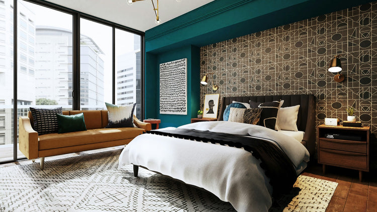 Layered bedroom textiles and quilt styling