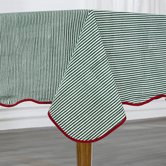Green Stripes with Red Scallop Piping Tablecloth