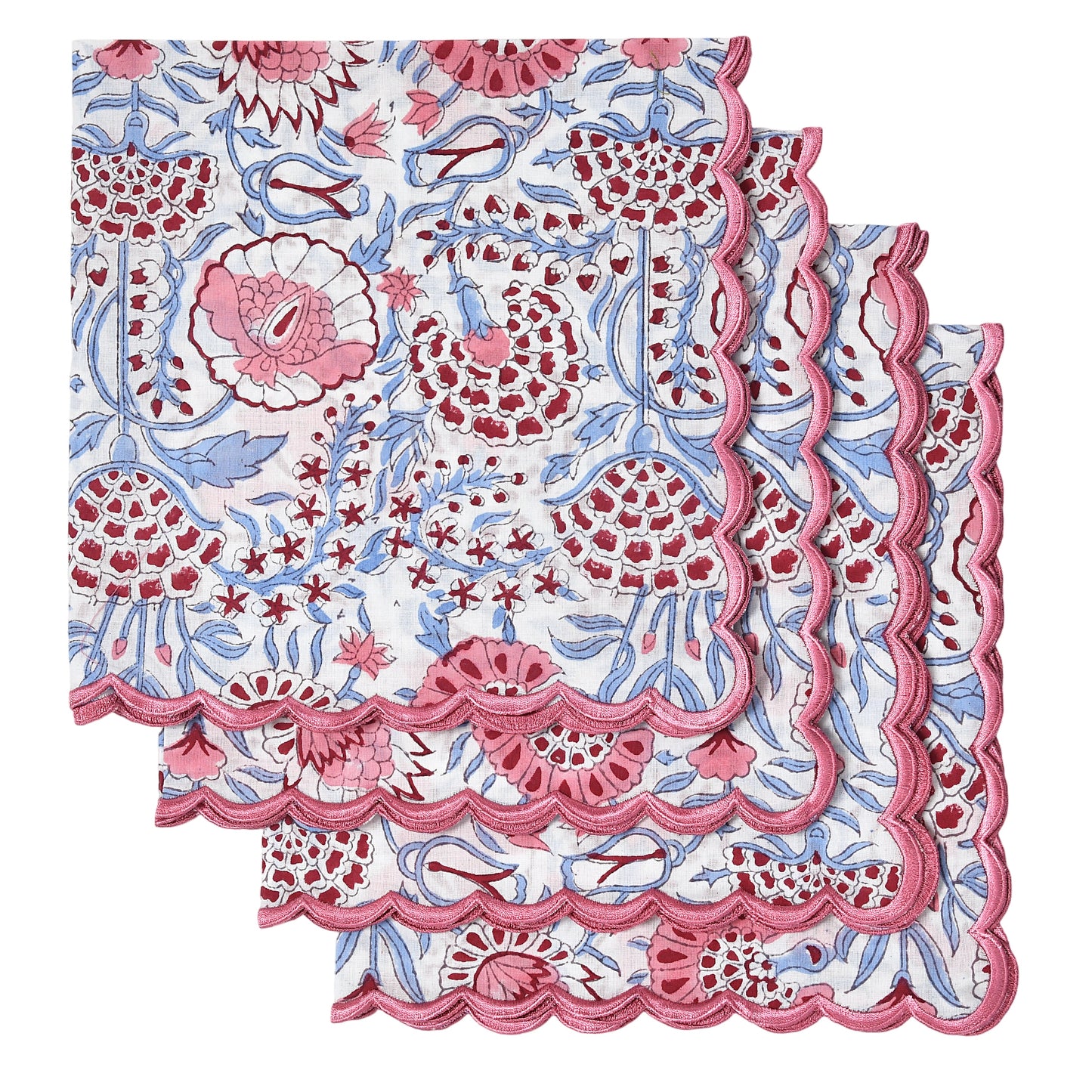 Pigeon Blue, Flamingo Pink Scallop Embroidery Napkins