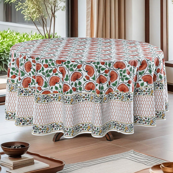Burnt Orange, Fern Green Round Tablecloth