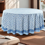 Cerulean Blue Leaf Print Round Tablecloth