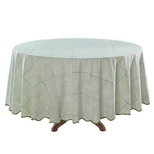 Green Stripe, Green Scallops Piping Round Tablecloth