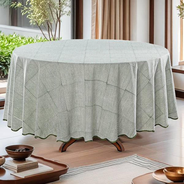 Green Stripe, Green Scallops Piping Round Tablecloth