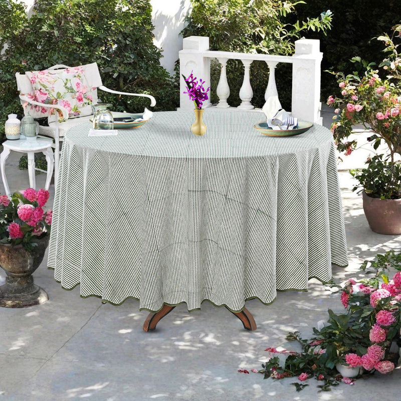 Green Stripe, Green Scallops Piping Round Tablecloth