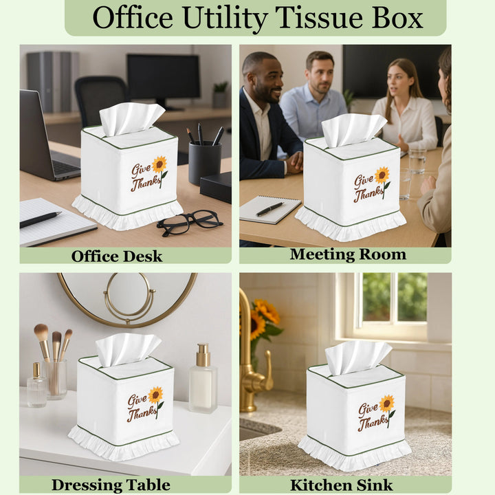 Collage of office utility tissue box in various settings with &