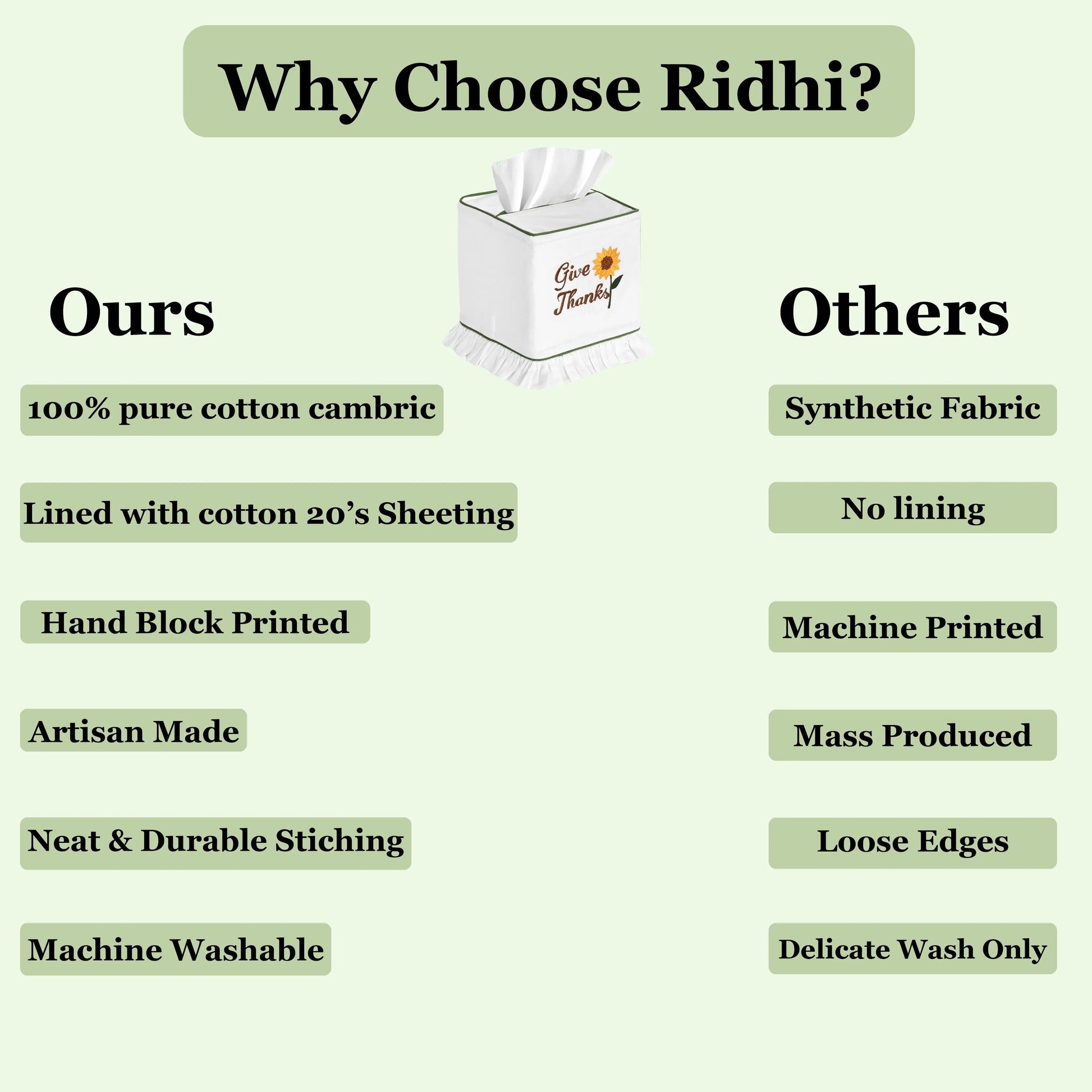 Comparison chart of 'Ours' and 'Others' products with a tissue box on a light green background.