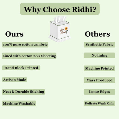 Comparison chart of 'Ours' and 'Others' products with a tissue box on a light green background.