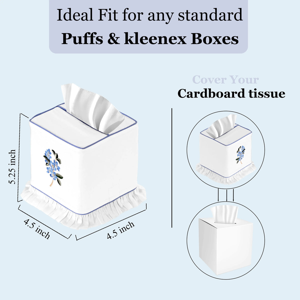 Product packaging with tissue box cover and dimensions on a light blue background