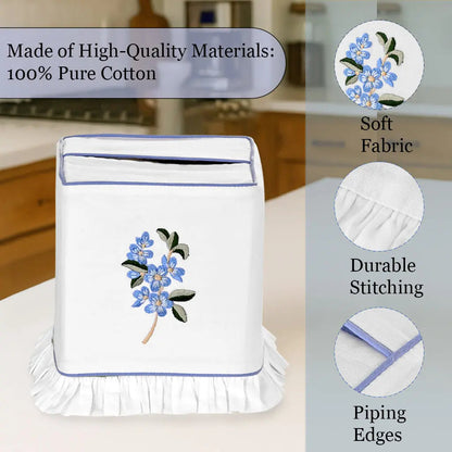 White towel holder with floral design in a kitchen setting, featuring high-quality materials text.
