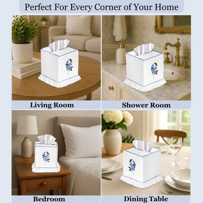 White tissue box with blue accents displayed in various home settings.