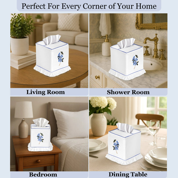 White tissue box with blue accents displayed in various home settings.