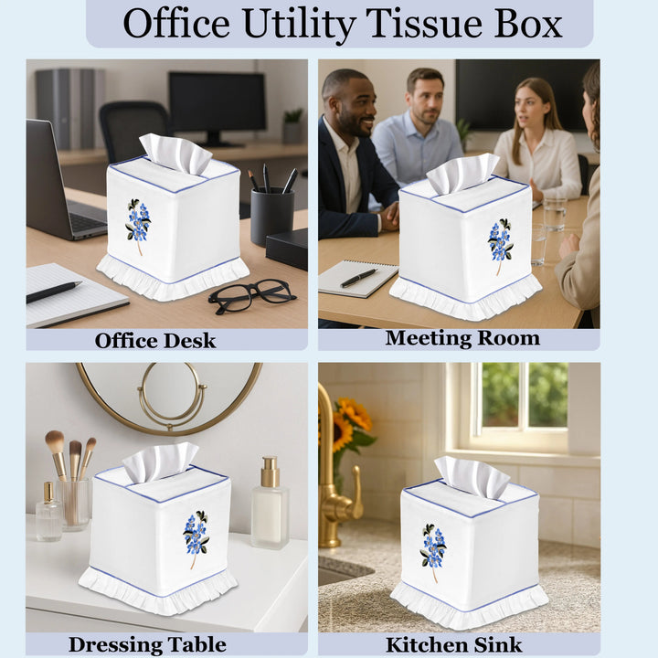 White office utility tissue box with floral design in various settings including an office desk, meeting room, dressing table, and kitchen sink.