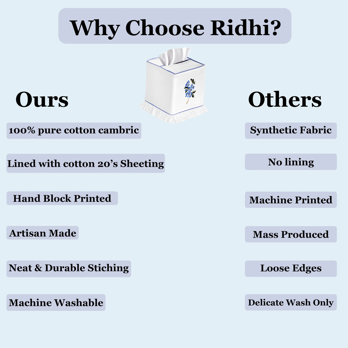 Comparison chart highlighting features of 'Ours' and 'Others' products on a light blue background.