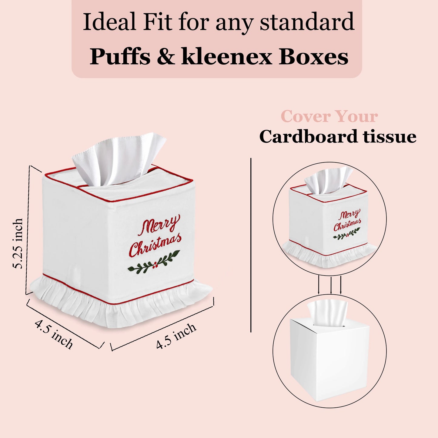 Christmas-themed tissue box cover with measurements on a pink background