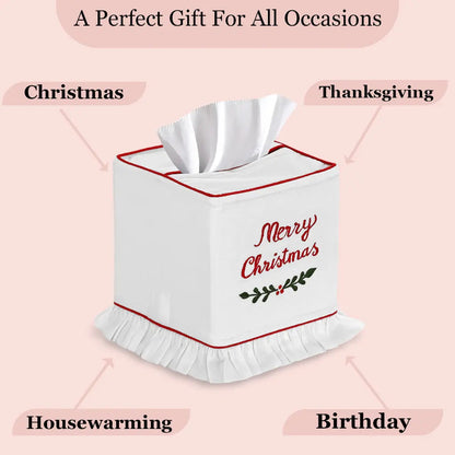 Tissue box cover with 'Merry Christmas' text on a pink background