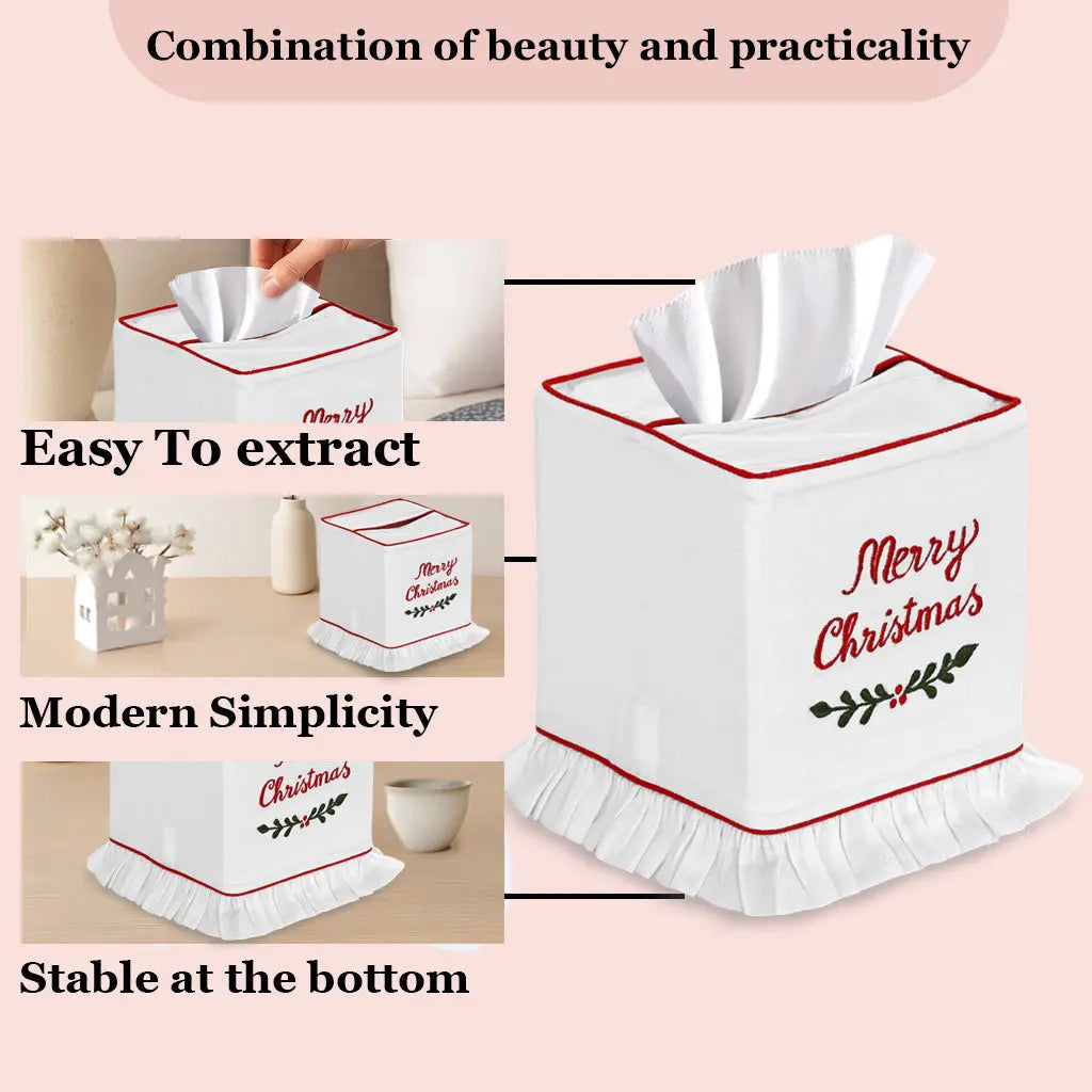 Tissue box cover with 'Merry Christmas' text and decorative elements on a pink background.