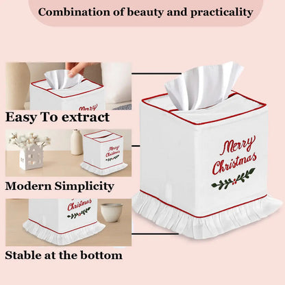 Tissue box cover with 'Merry Christmas' text and decorative elements on a pink background.