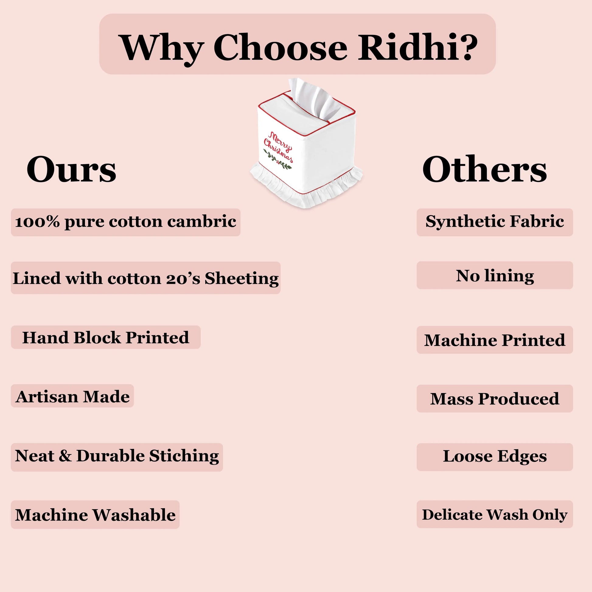 Comparison chart highlighting why ' ' products are superior to others on a pink background.