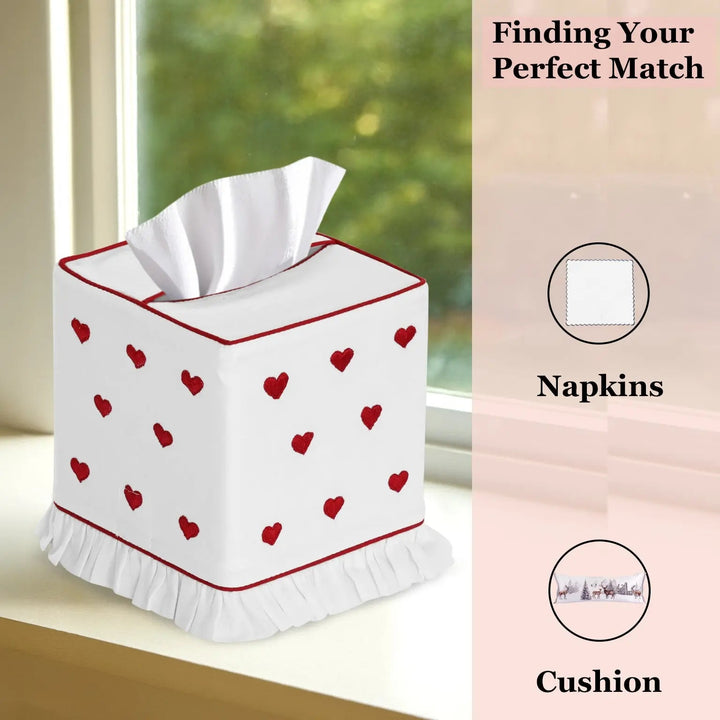 Tissue box cover with red heart pattern on a windowsill, with &