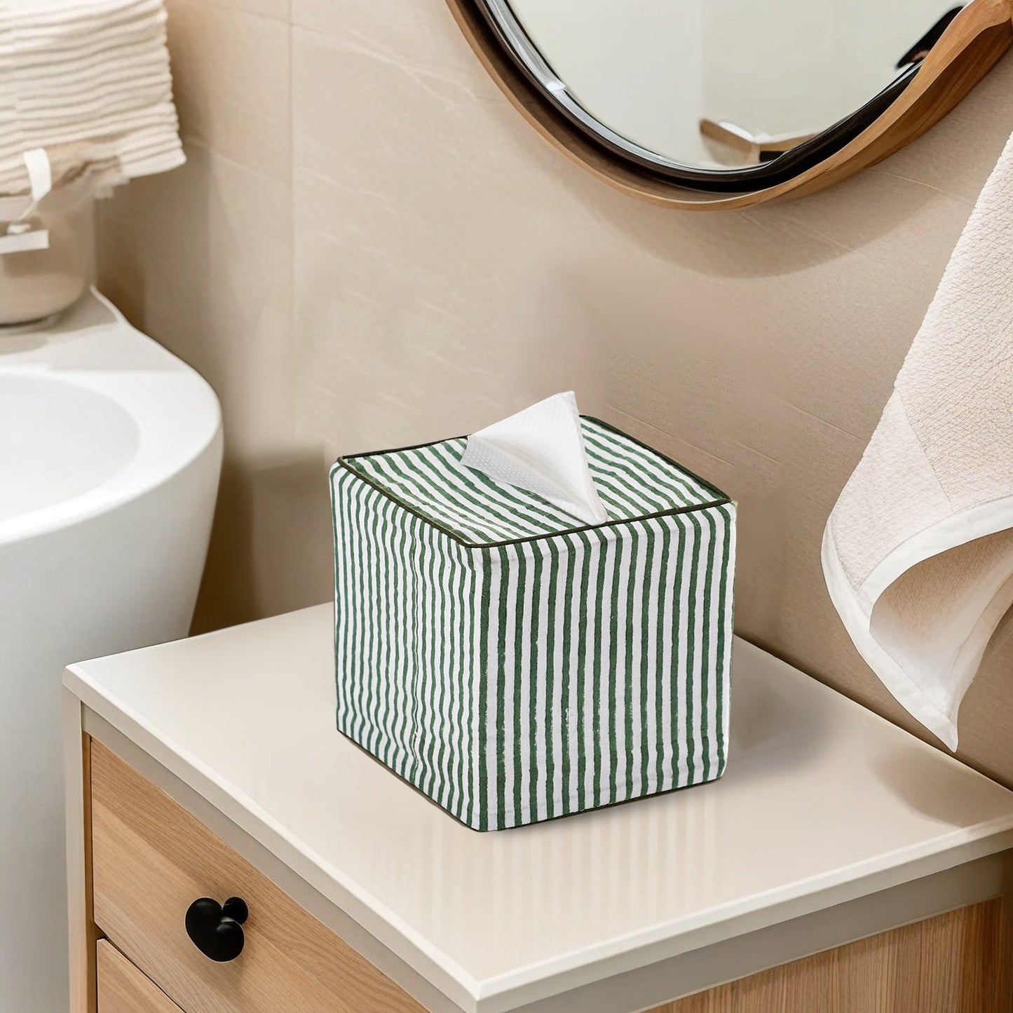 Green Stripe Green Piping Tissue Box Cover