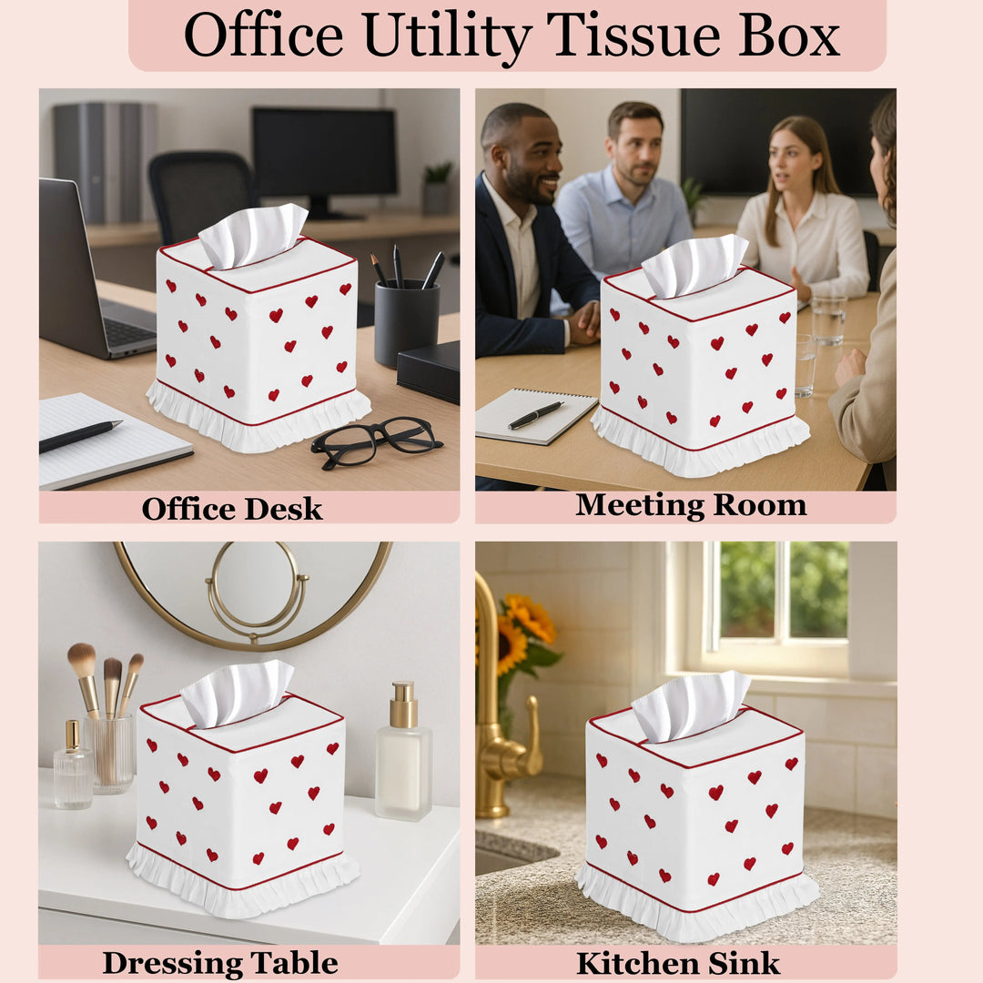 Collage of office utility tissue box with heart pattern in various settings.