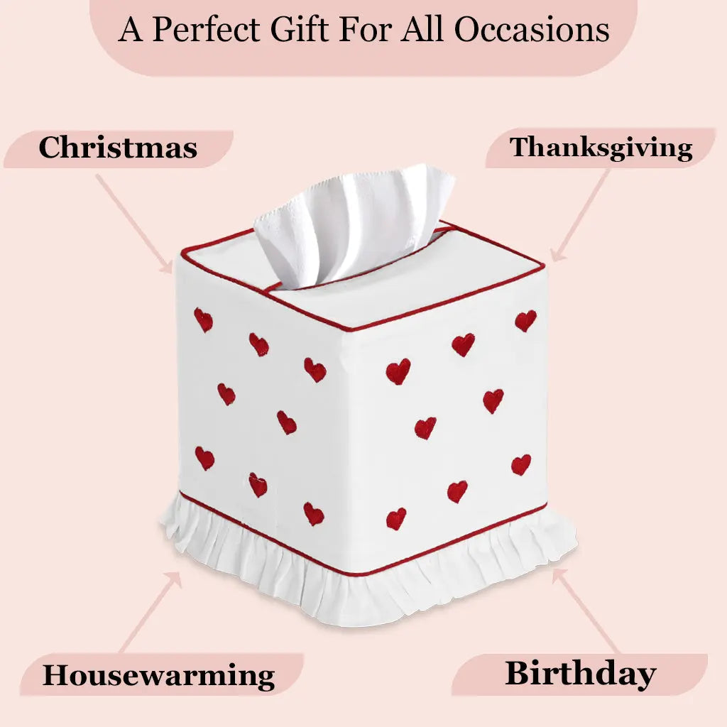 Tissue box cover with red heart patterns on a pink background, labeled for various occasions.