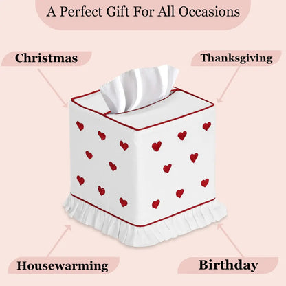 Tissue box cover with red heart patterns on a pink background, labeled for various occasions.