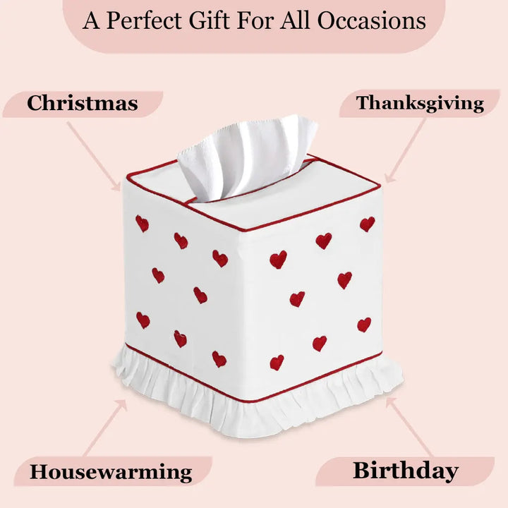 Tissue box cover with red heart patterns on a pink background, labeled for various occasions.