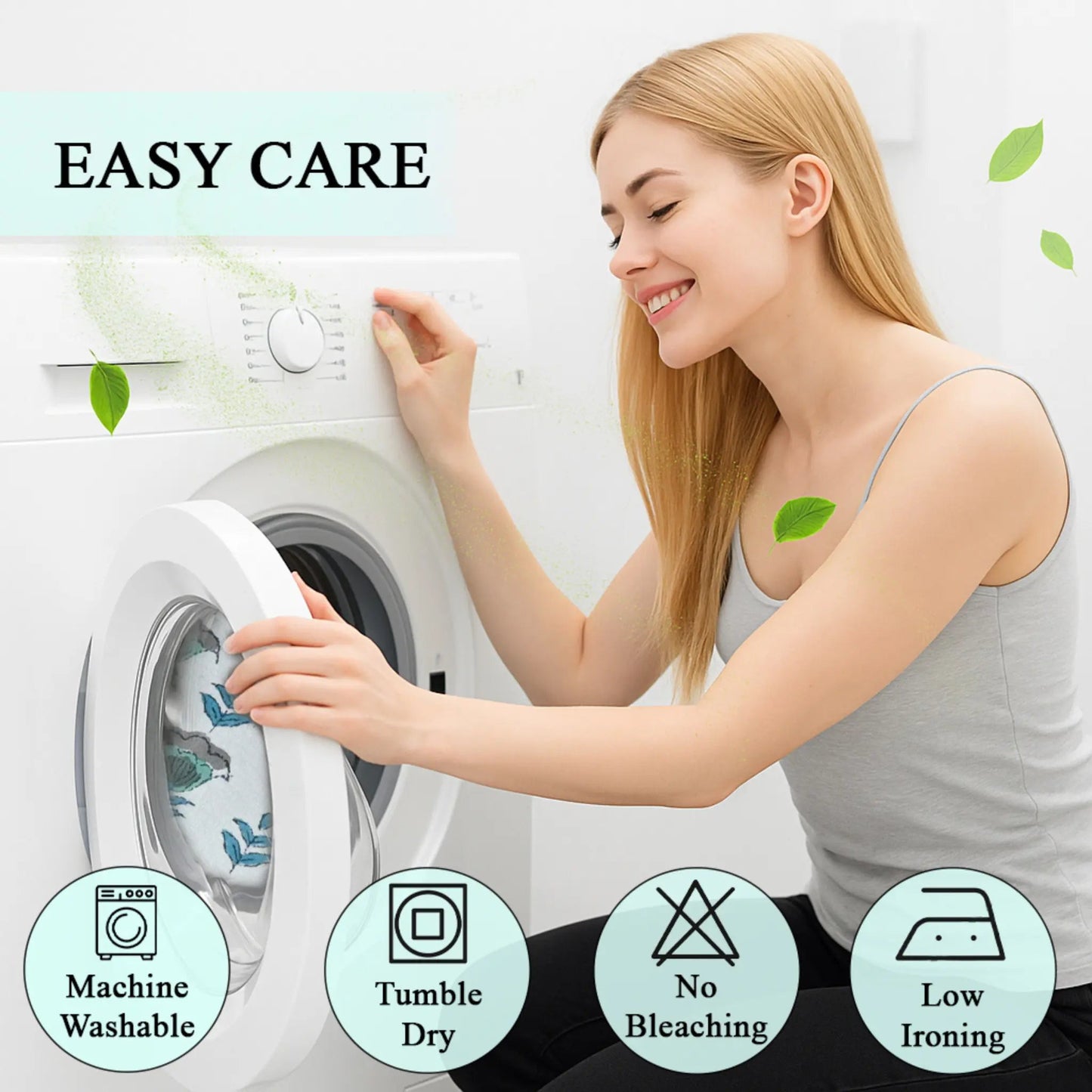 Woman putting cotton pillow cover in washing machine with easy-care icons.