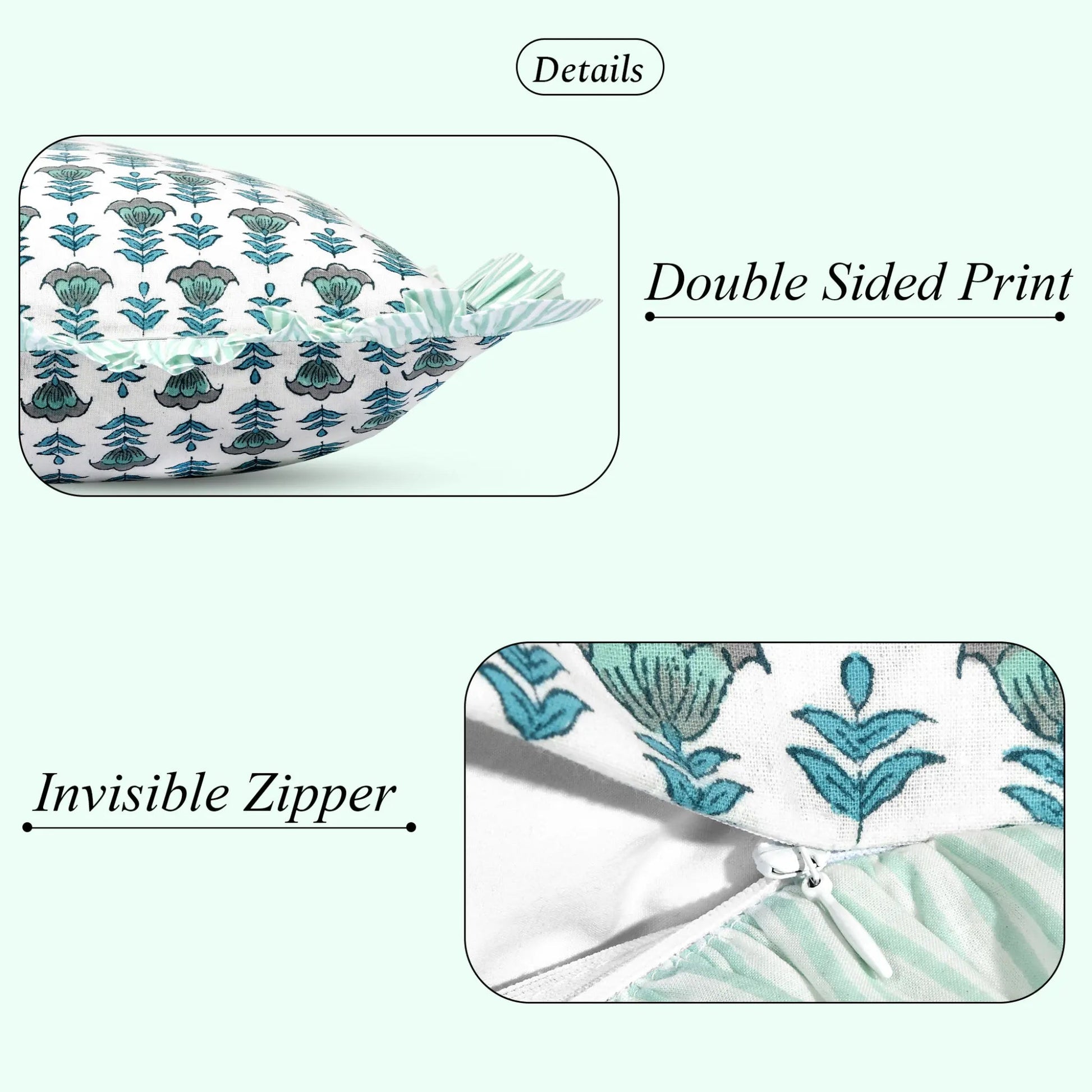 Close-up of cotton pillow cover showing double-sided print and invisible zipper.