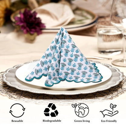 Aquamarine Blue Embroidery Napkins - handmade cotton napkin set by FabricSG