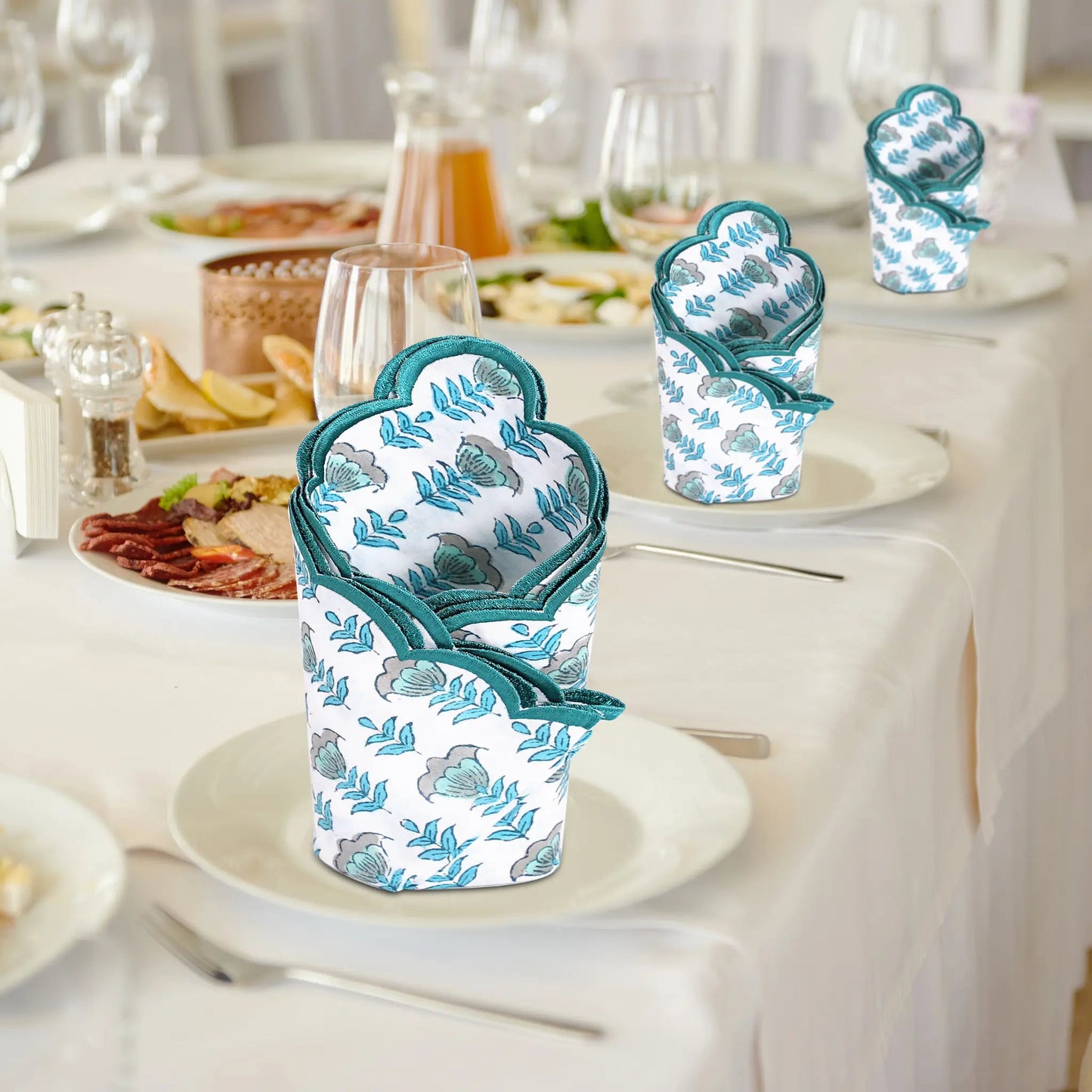 Aquamarine Blue Embroidery Napkins - handmade cotton napkin set by FabricSG
