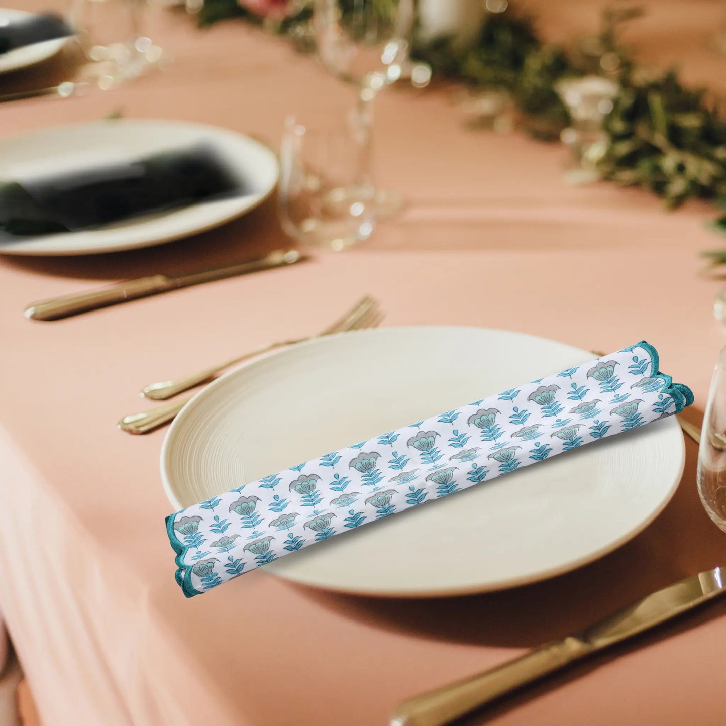 Aquamarine Blue Embroidery Napkins - handmade cotton napkin set by FabricSG