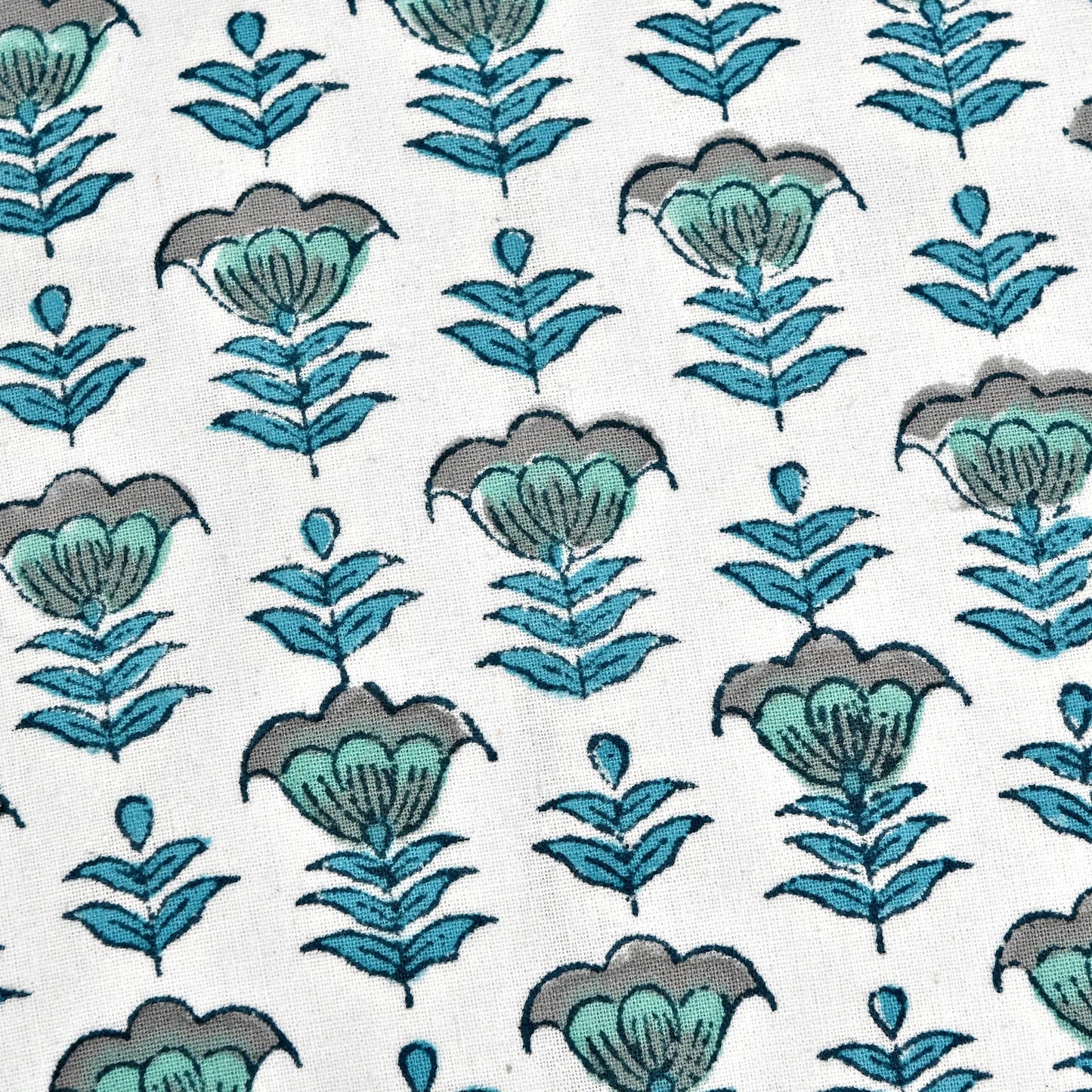 Blue floral Indian hand block print cotton fabric pattern close-up.