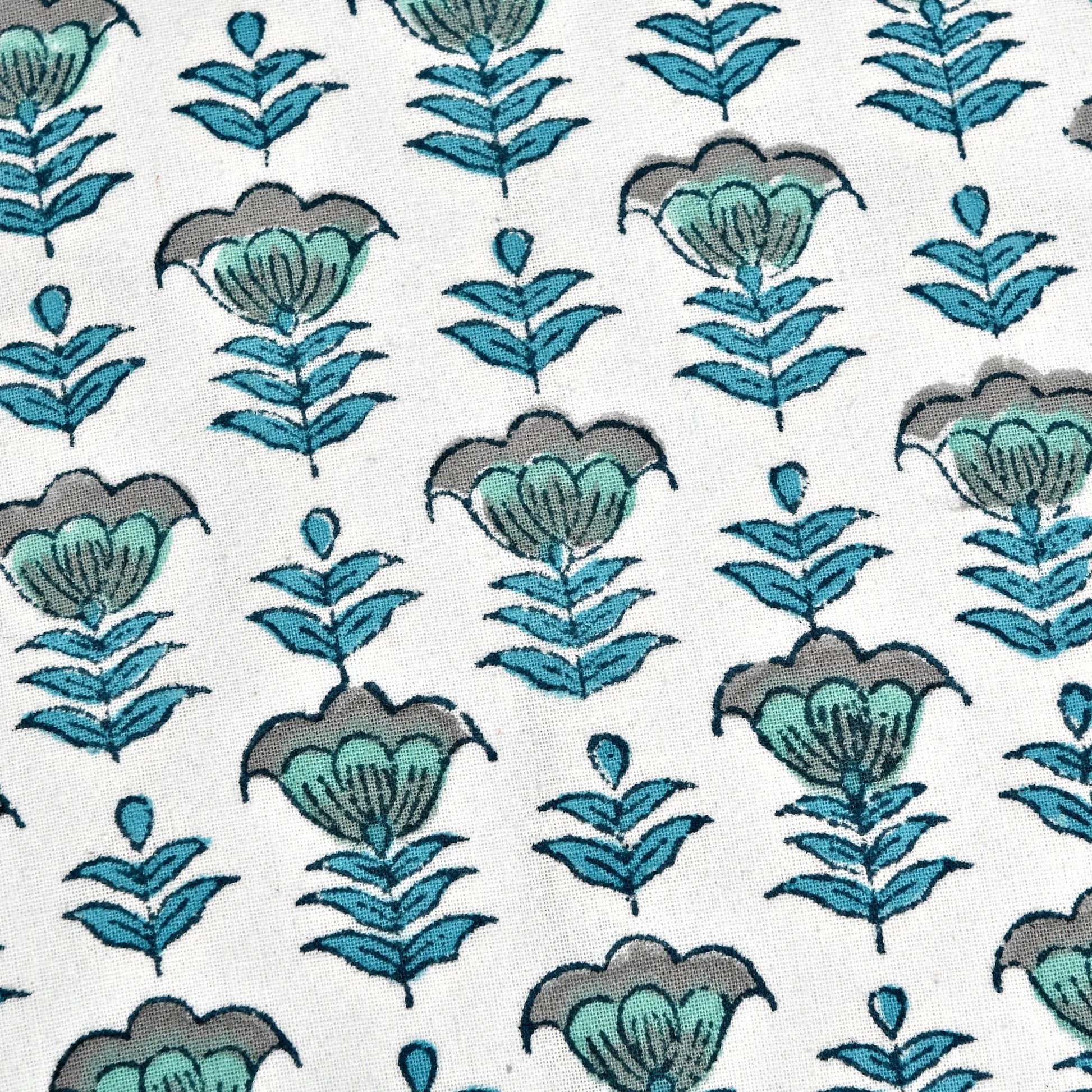Blue floral Indian hand block print cotton fabric pattern close-up.