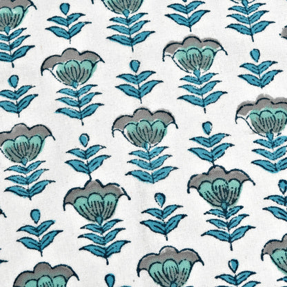 Blue floral Indian hand block print cotton fabric pattern close-up.
