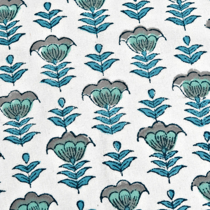Blue floral Indian hand block print cotton fabric pattern close-up.