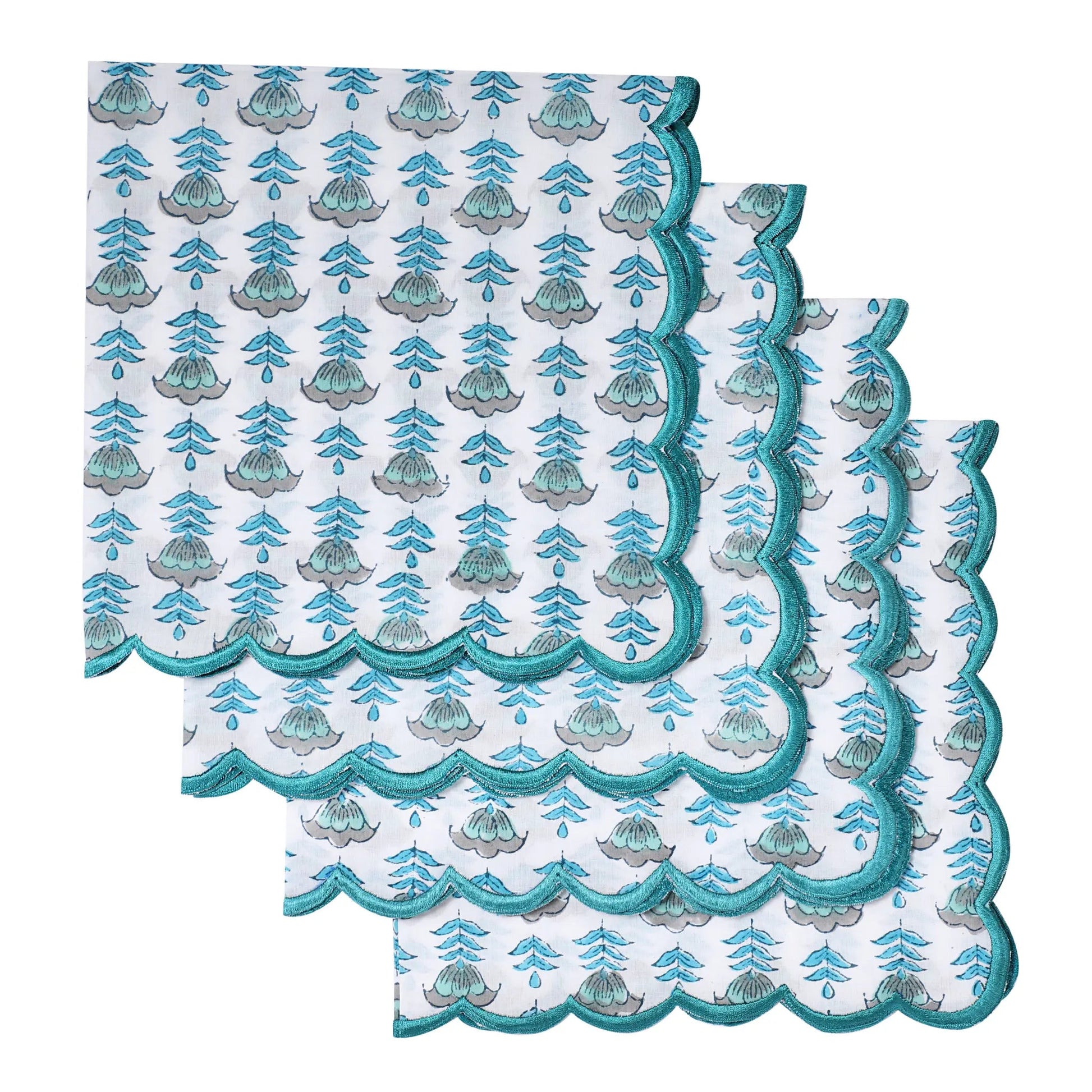 Aquamarine Blue Embroidery Napkins - handmade cotton napkin set by FabricSG
