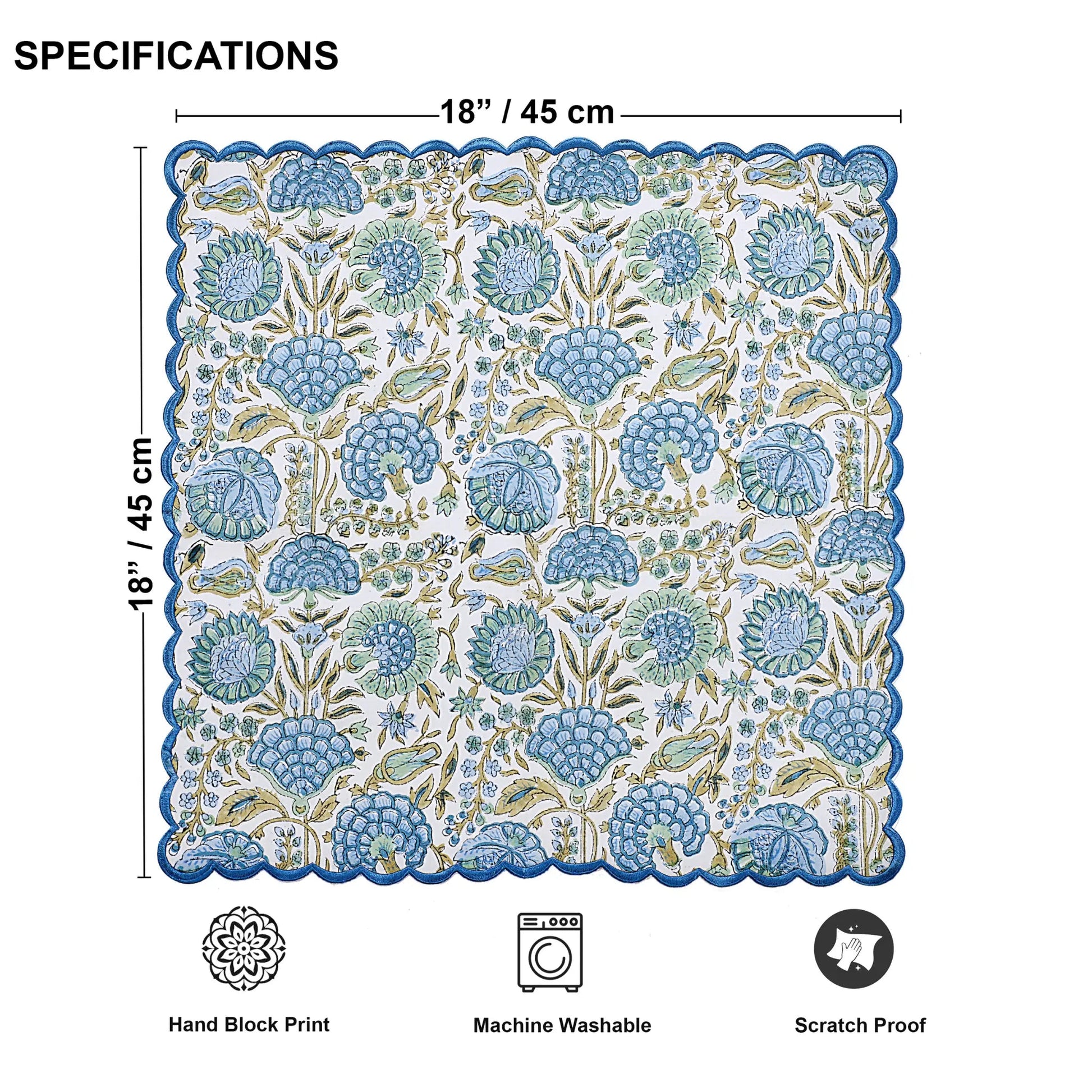 Patterned fabric square with dimensions and care label icons on a white background