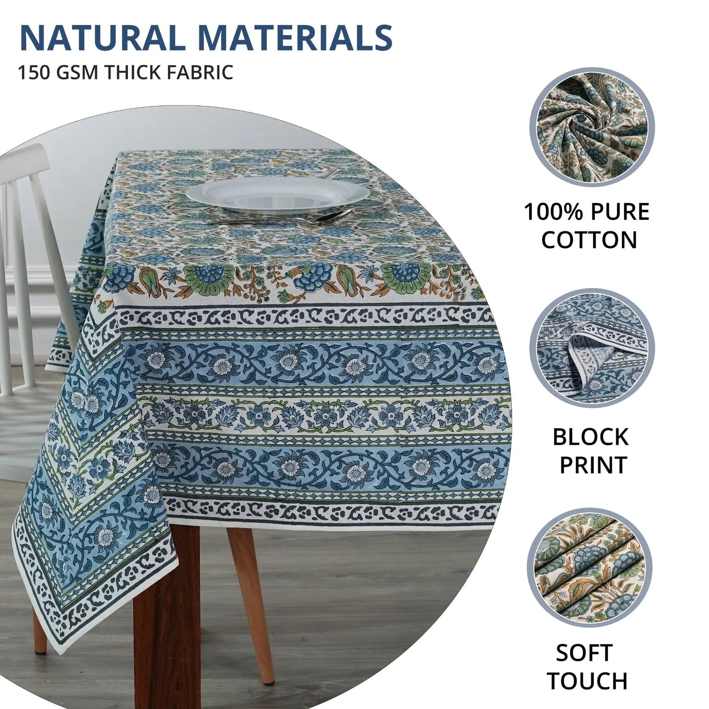Tablecloth with blue and green patterns on a table, featuring text about natural materials and fabric details.