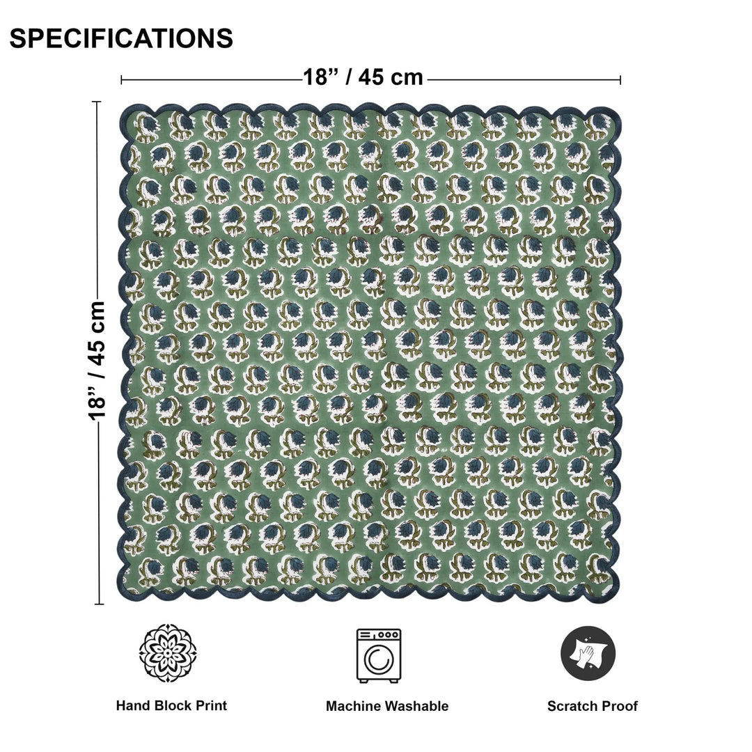 Patterned mat with dimensions and features on a white background