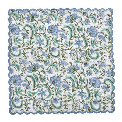 Floral patterned paper with blue flowers and green leaves on a white background