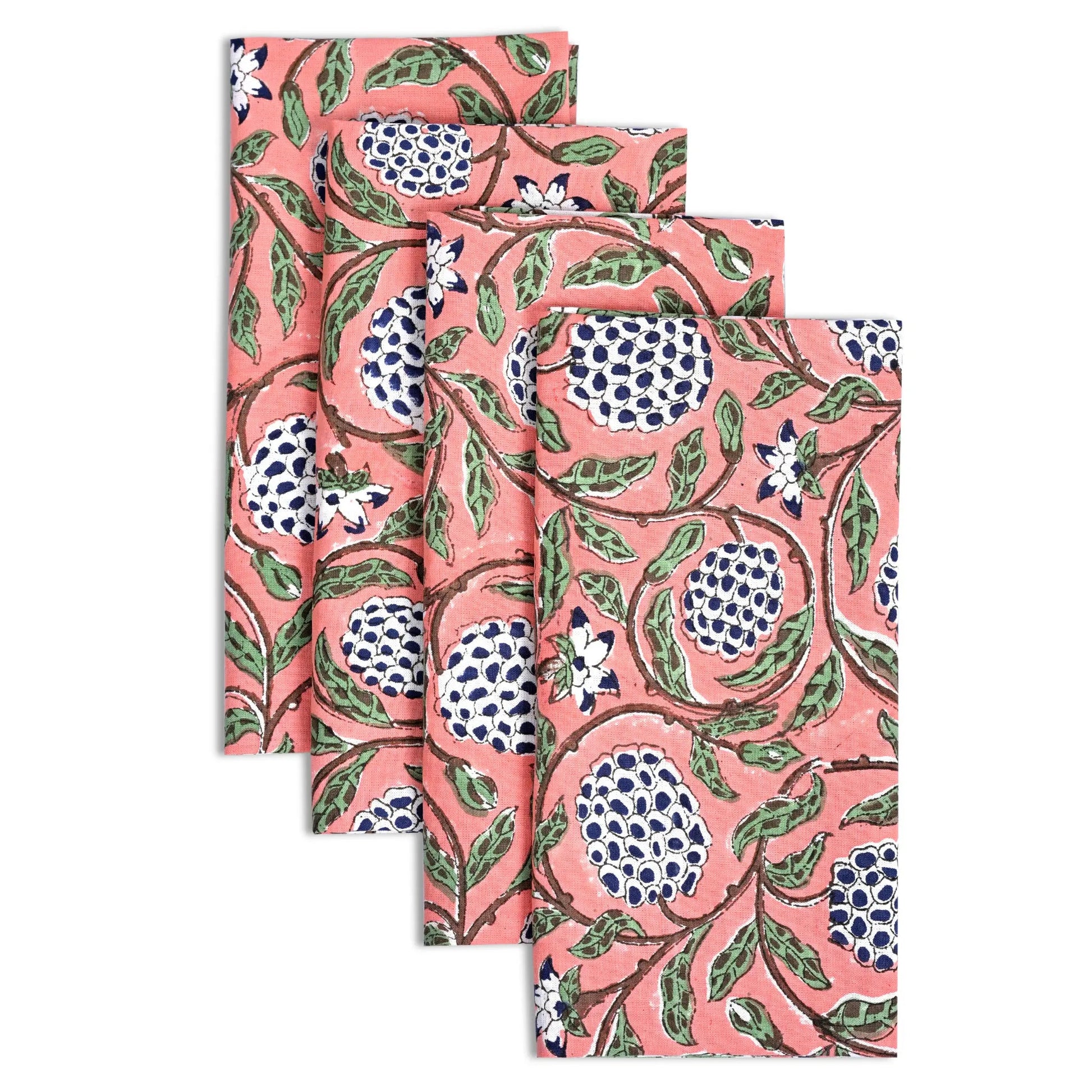 Set of four pink napkins with pomegranate pattern on a white background