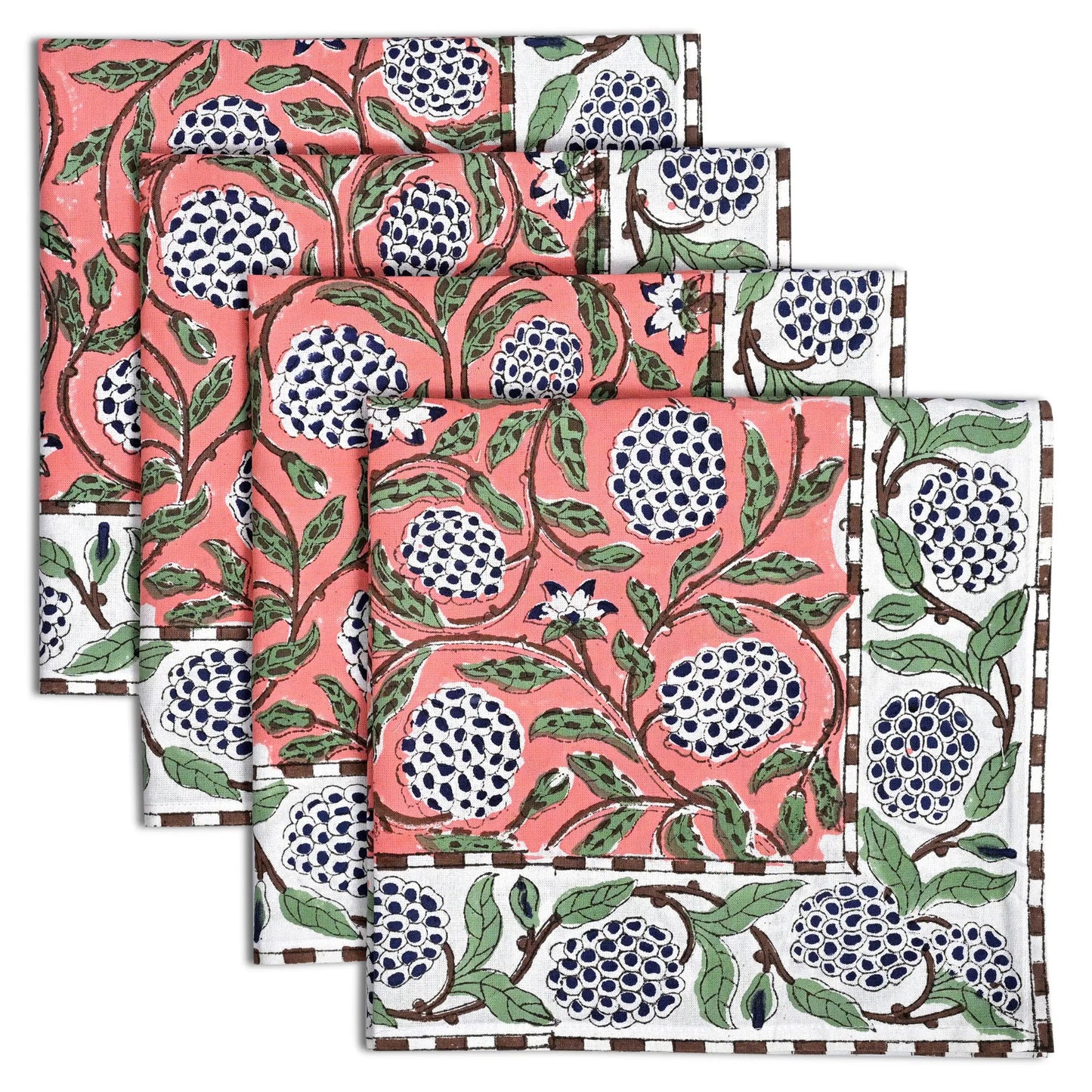 Set of three fabric swatches with a floral pattern featuring pomegranates on a white background.